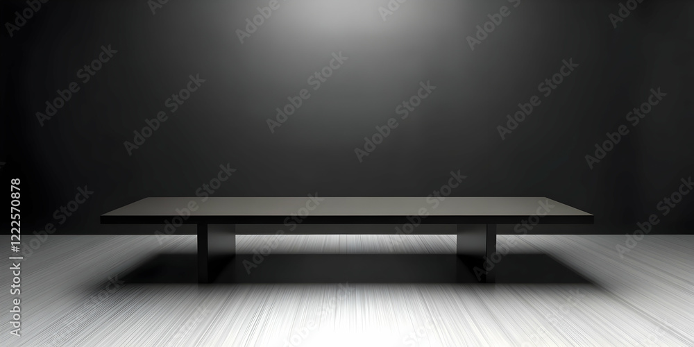 Aufkleber black rectangular table stands on a striped floor in a dimly lit room, creating a minimalist scene.