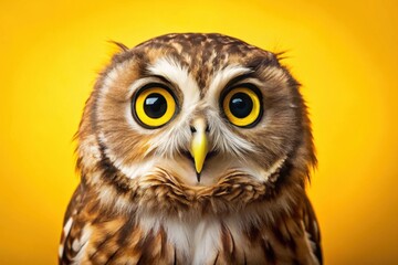 Fototapeta premium A captivating close-up portrait of a majestic owl, its bright yellow eyes piercing the viewer, set against a vibrant yellow background, conveying a sense of mystery and wisdom.