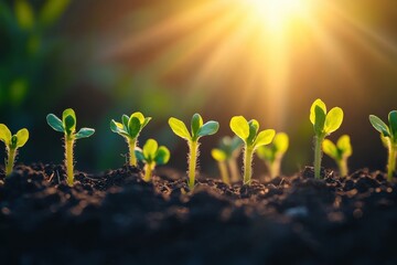 Newly sprouted seedlings basking in warm sunlight during early morning hours in a lush garden setting