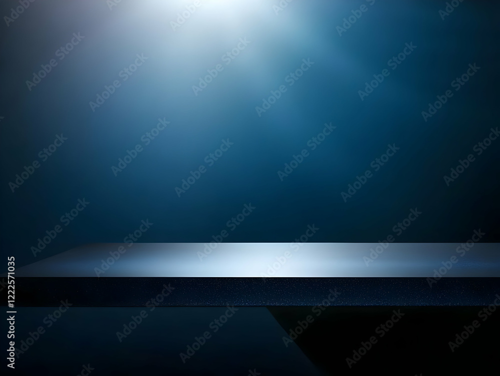Poster empty table top display with spotlight on blue background for product showcase