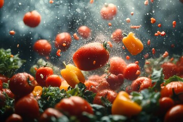 Fresh tomatoes and peppers splashing with water drops