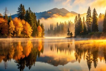 Fototapeta premium Serene Autumn Sunrise over Misty Mountain Lake with Golden Reflections of Trees