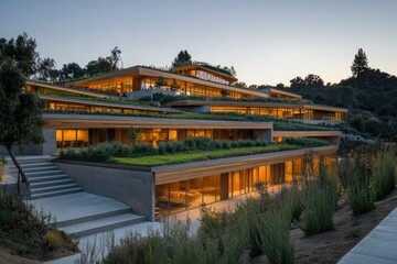 Fototapeta premium A hillside community center with a dynamic interplay of wood and concrete, featuring tiered green roofs
