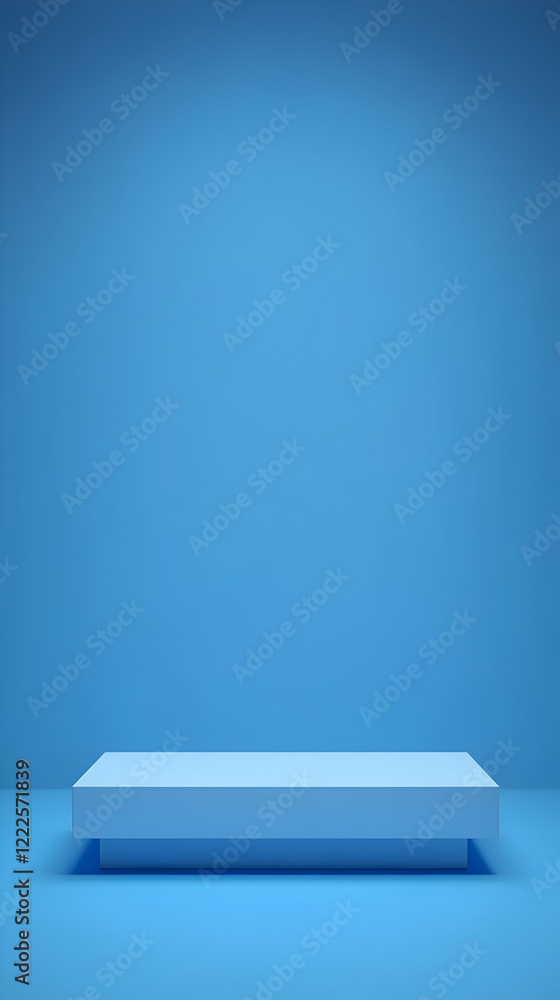 Poster 3d empty blue platform display stand on a blue background with clean design for product placement.