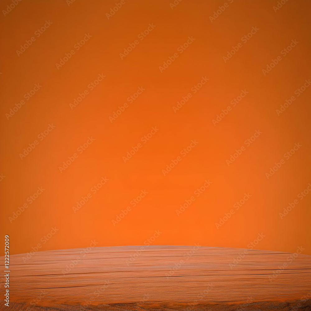 Poster empty wooden tabletop on an orange background for product display and presentation