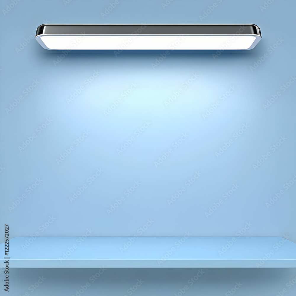 Poster empty shelf with light fixture shines on blue wall for product display brightly and elegantly.
