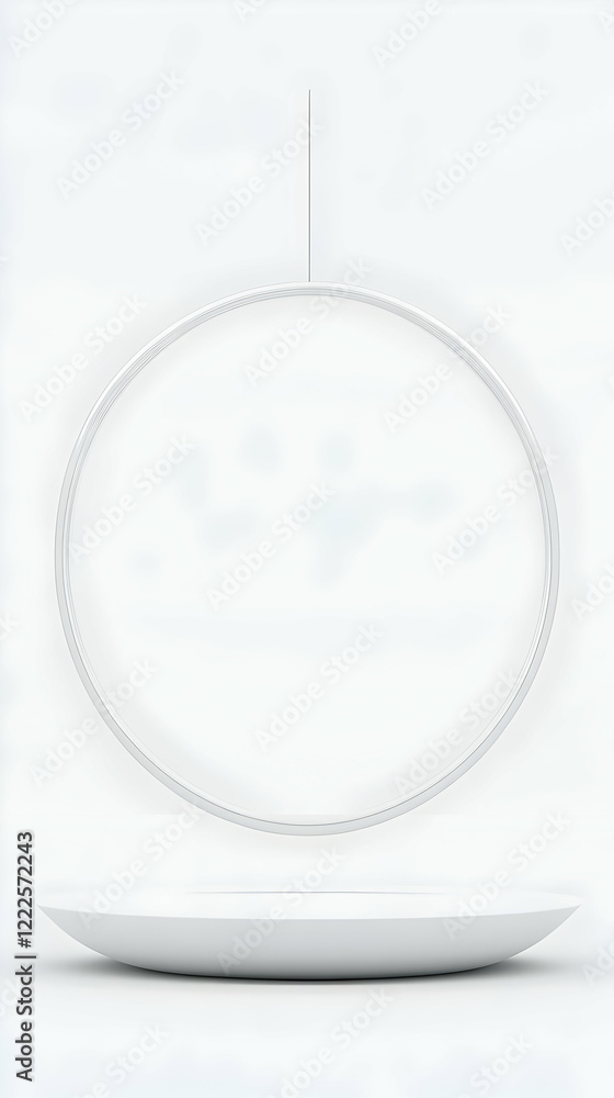 Poster 3d rendering of white hanging ring and podium display with clean background