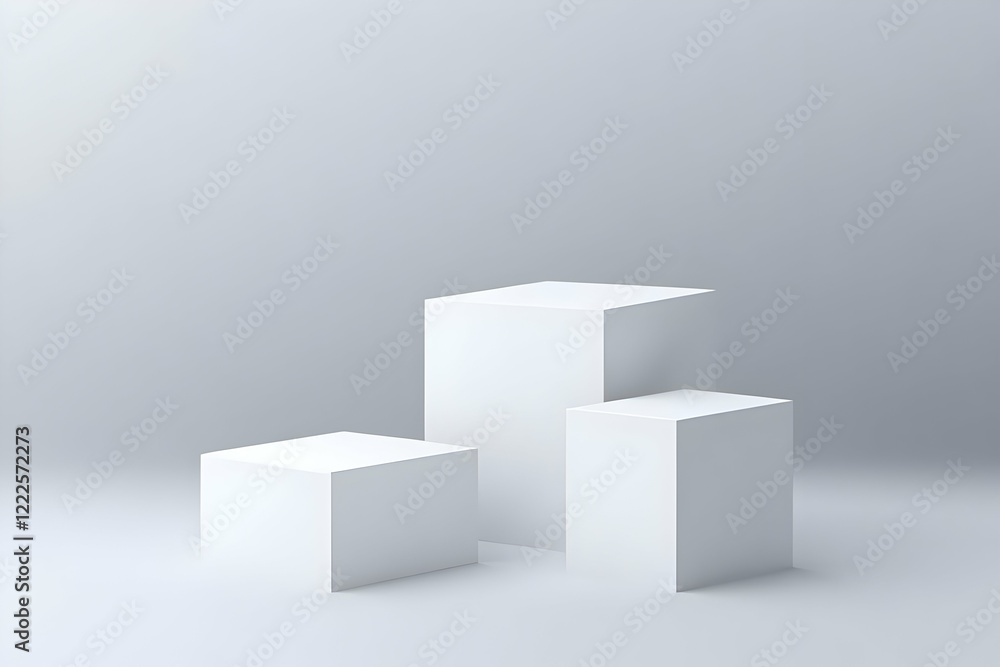 Poster three white cubes stand on a soft gray studio background, creating a minimalist display