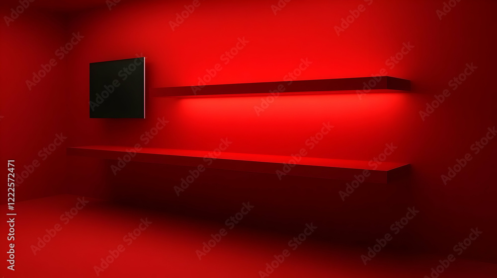 Poster red room interior design with empty shelves and a blank screen display elegantly in a minimalist sty