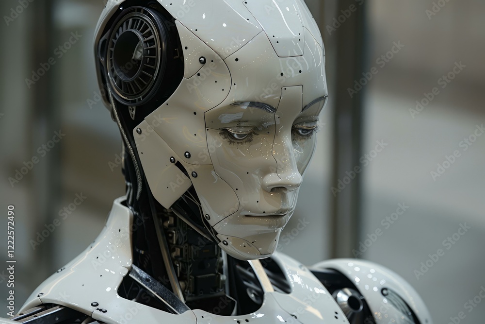 Poster close up of a humanoid robot demonstrating artificial intelligence and deep learning capabilities
