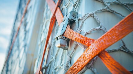 Close-up view of a secured cargo net with orange straps and metal fasteners against a blue sky