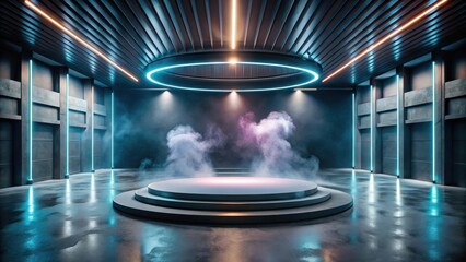 Fototapeta premium Futuristic Industrial Stage with Neon Lighting and Smoke Effects, Perfect for Product Displays or Presentations