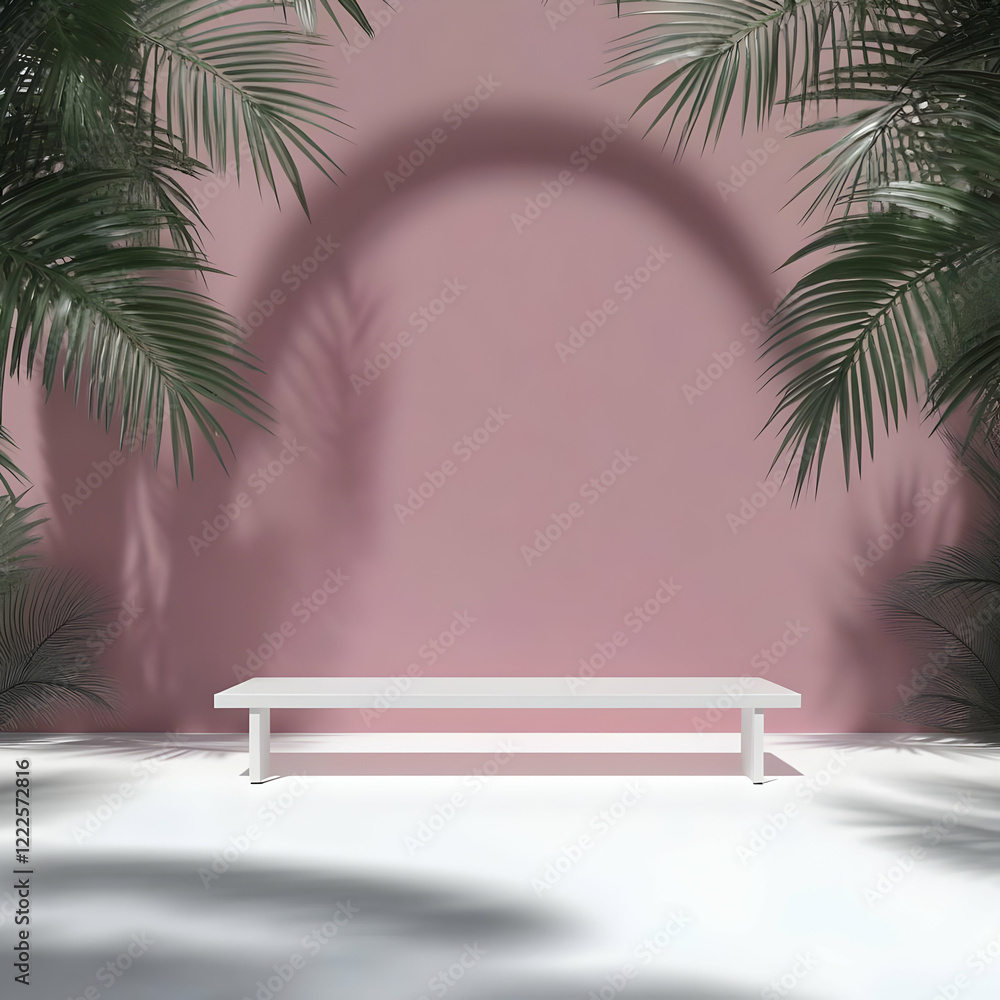 Poster white rectangular platform displays with palm leaves shadows on pink background elegantly.