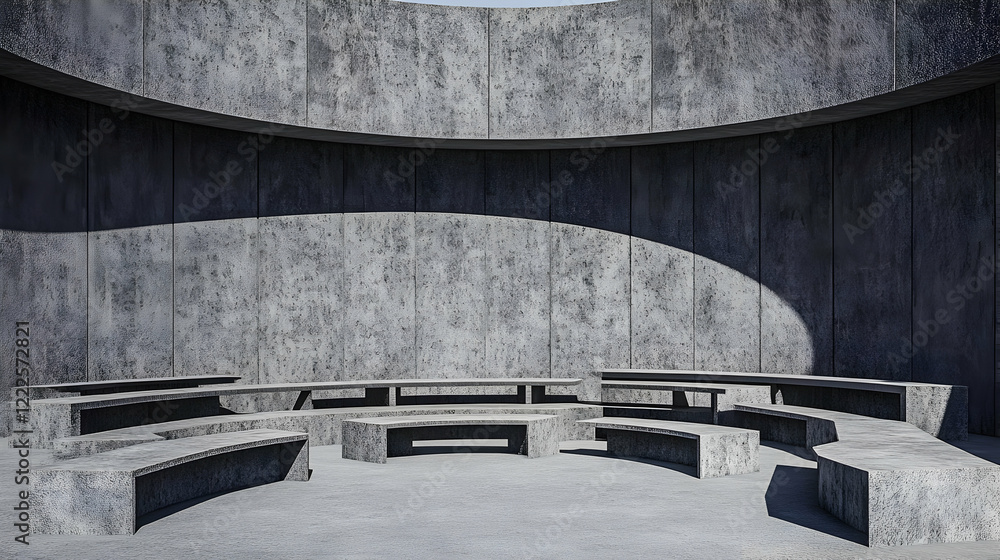 Poster concrete circular structure with benches in a modern architectural design rendering