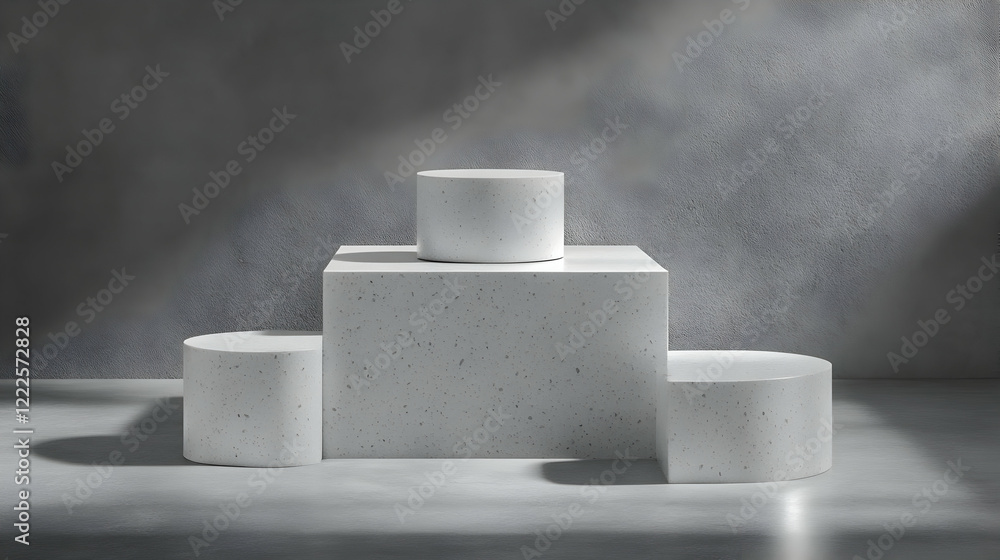 Poster white terrazzo podiums stand elegantly on a gray backdrop, creating a minimalist display.