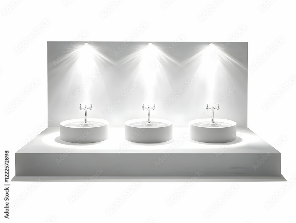 Aufkleber 3d render of a white display stand with three candle holders illuminated by spotlights