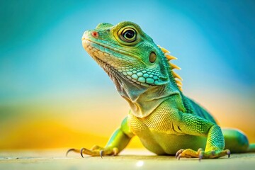 Obraz premium A Vibrant Green Lizard Poses Against a Vivid, Sunset-Colored Background, Showing Intricate Scales and Striking Eyes.