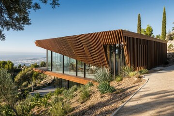 A hillside residence with a dynamic facade of angular wooden slats, integrated into the surrounding landscape