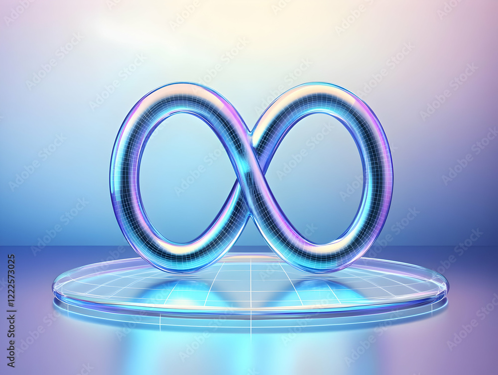 Aufkleber 3d infinity symbol glows on a transparent podium with a grid pattern in a gradient background