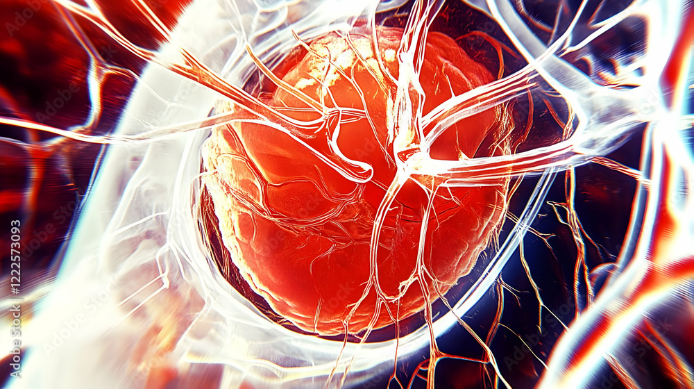 Poster abstract red orb with white strands shows an artistic representation of a biological entity
