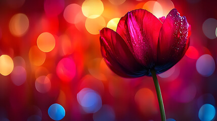 Obraz premium Crimson Tulip in Bokeh: A single, vibrant crimson tulip, glistening with dew, stands elegantly against a backdrop of warm, colorful bokeh. The image evokes romance, beauty.