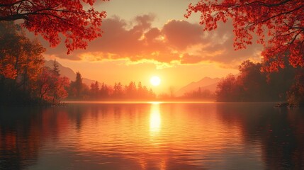 A background of a glowing sunset over a tranquil lake in autumn.