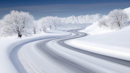 Fototapeta premium Winding snowy road through winter mountains
