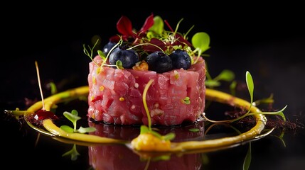 Gourmet Tuna Tartare with Blueberries and Microgreens – Perfect for Fine Dining Promotions, Food Magazines, or Culinary Blogs