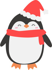 Baby Penguin Wearing Santa Hat and Scarf in Christmas Holiday Cartoon Character 