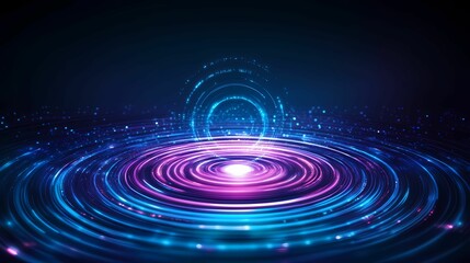 A vibrant, abstract illustration featuring glowing concentric circles in shades of blue and purple, resembling ripples in water.