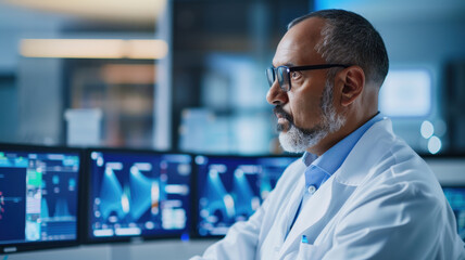 Fototapeta premium focused medical professional in lab coat monitors multiple screens displaying medical data in modern laboratory setting