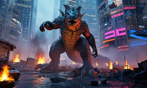 Background of giant monsters rampaging and destroying the city