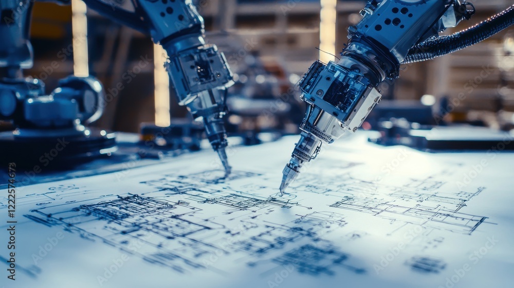 Poster robotic technology innovation industrial workshop blueprint creation high-tech environment close-up 