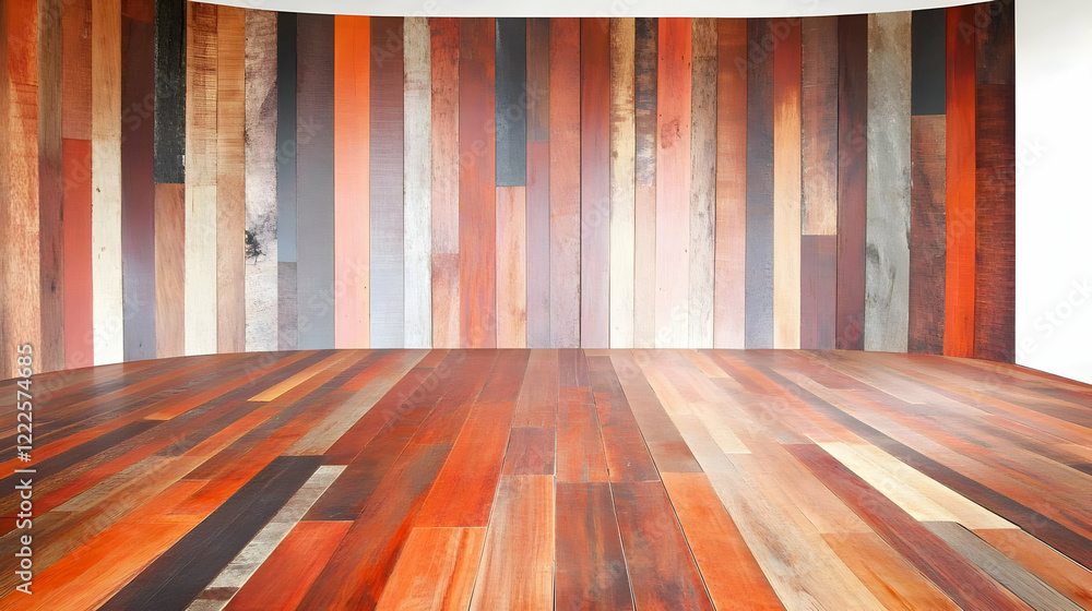 Poster empty room with colorful wooden wall and floor background creates a rustic and inviting atmosphere.