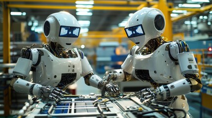 Fototapeta premium Robotic technology collaboration advanced automation in manufacturing factory setting digital innovation close-up perspective