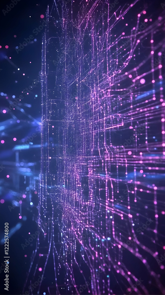 Poster abstract 3d structure forms with glowing particles and interconnected lines in dark digital space.