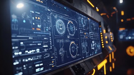 Fototapeta premium Advanced robotic technology control panel futuristic laboratory digital interface high-tech environment close-up view innovation