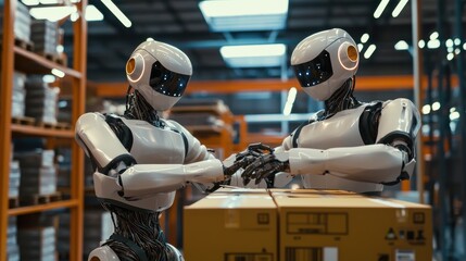 Robotic technology collaboration in industrial warehouse automation innovation futuristic environment close-up viewpoint