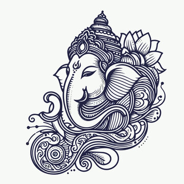 recommend clip art: Ganesha, Hindu God of New Beginnings: An intricate line art illustration of the elephant-headed god Ganesha, depicted with ornate details and a lotus flower, symbolizing wisdom, prosperity.