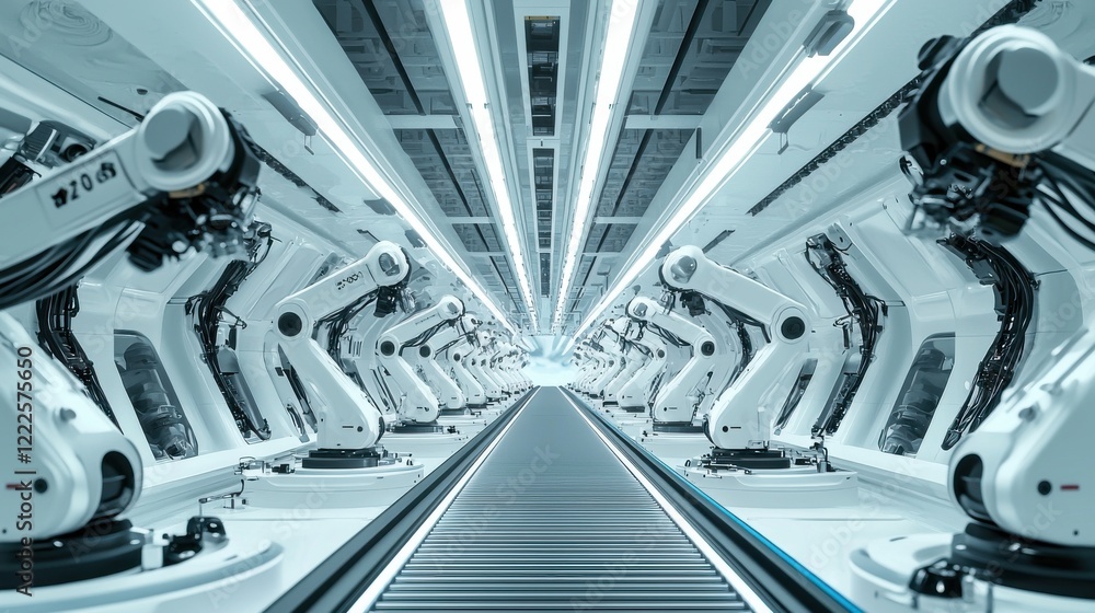 Poster robotic automation showcase high-tech factory industrial technology futuristic environment aisle vie