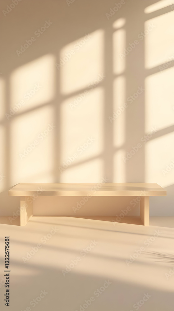Poster empty wooden table displaying products against wall with window shadows in minimalist style.