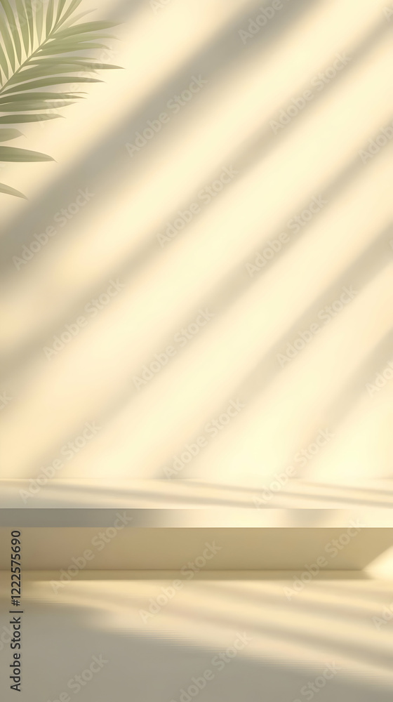 Poster empty shelf display with palm leaf shadow on beige background for product placement