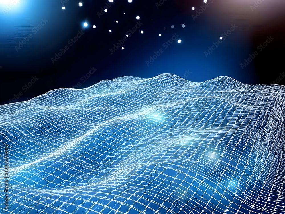 Poster abstract 3d wireframe landscape glows brightly under a dark blue sky with shimmering bokeh highlight