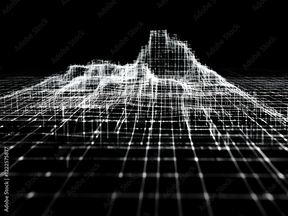 Poster 3d wireframe terrain model on a grid, rendering on a black background shows digital elevation data v