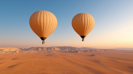 Aerial view of hot air balloons over vast desert landscape at sunset, showcasing serene beauty of nature and adventure