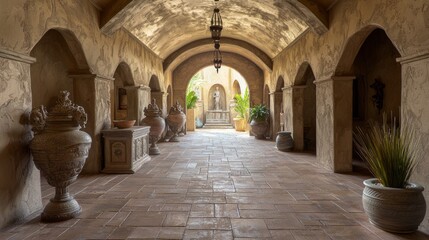 Obraz premium Grand Vaulted Chapel Adorned with Desert Pottery and Classical Statues for Cinematic Ambiance
