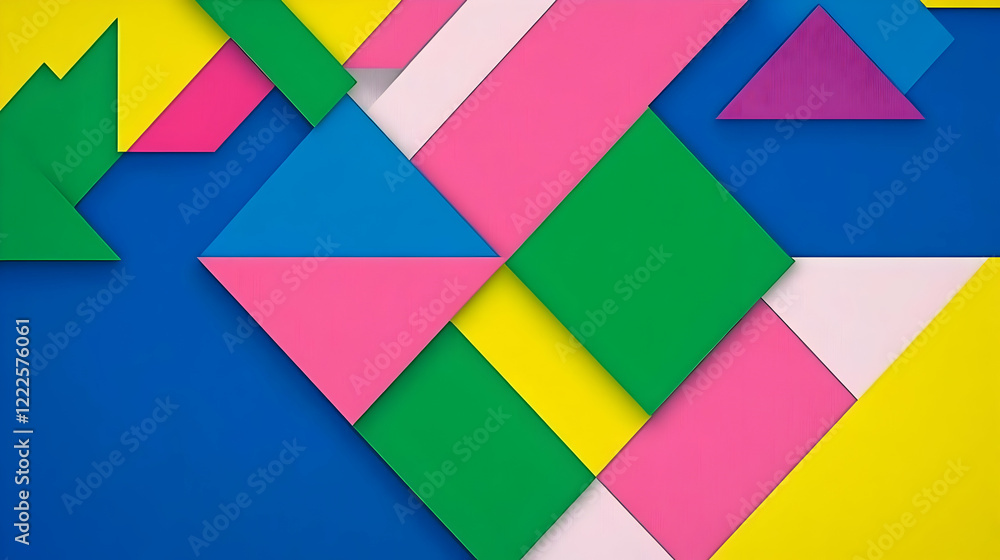 Poster colorful abstract geometric background features overlapping triangles and squares in vibrant hues.