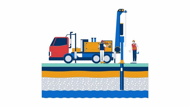 Water well drilling with groundwater layers cartoon animation. Borewell construction 4K video motion graphic. Drillers workers with drilling rig animated 2D characters isolated on white background
