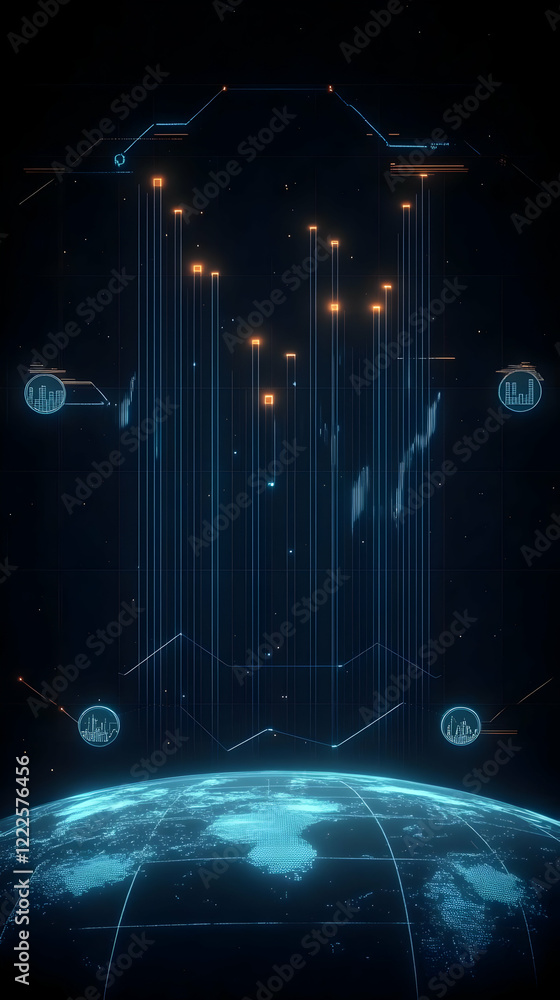 Poster futuristic global data visualization shows charts, graphs, and earth with digital grid lines and ico