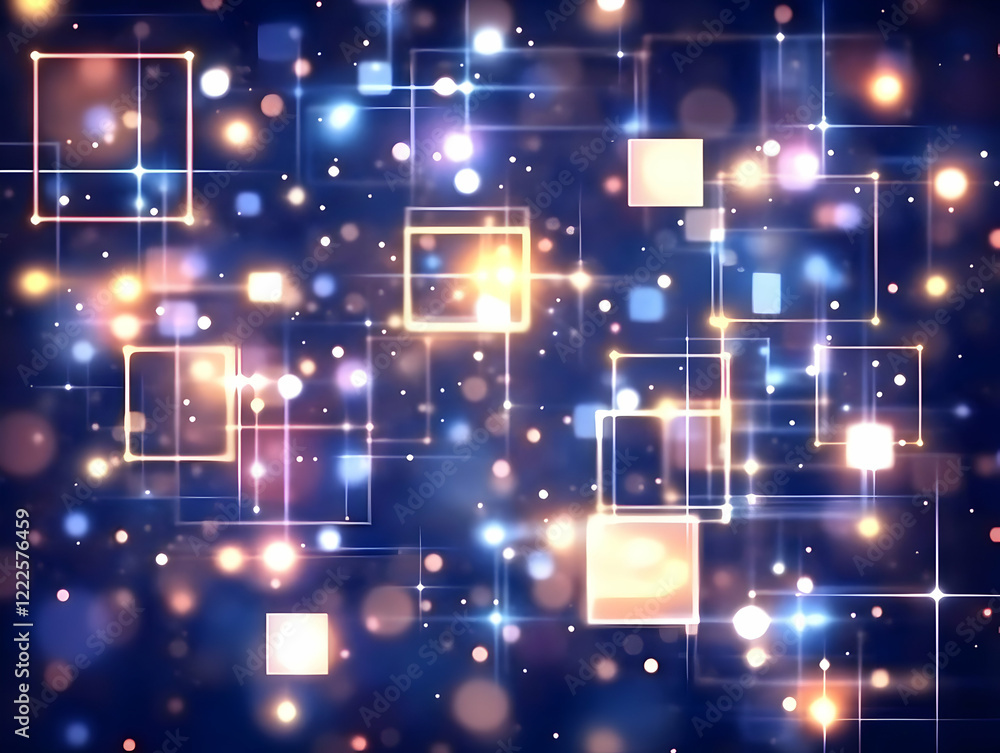 Poster abstract background with glowing squares and interconnected lines on a dark blue backdrop